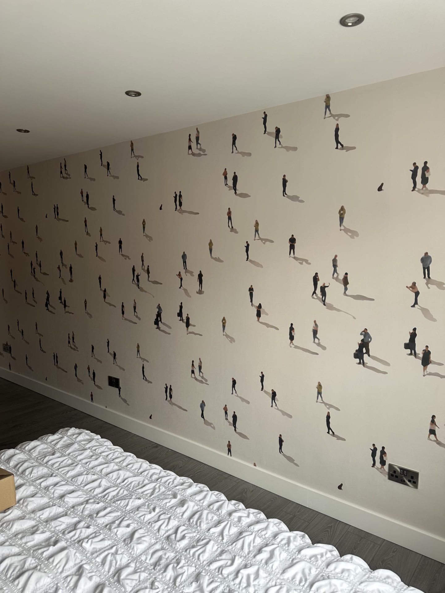 Figures wallpaper feature wall in a bedroom